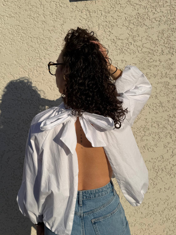 Blouse manches longues dos ouvert avec nœud 100% coton