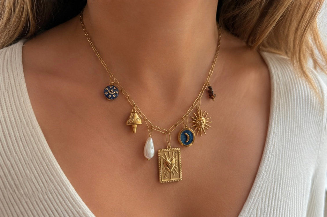Stainless Steel Necklace with Blue Charms