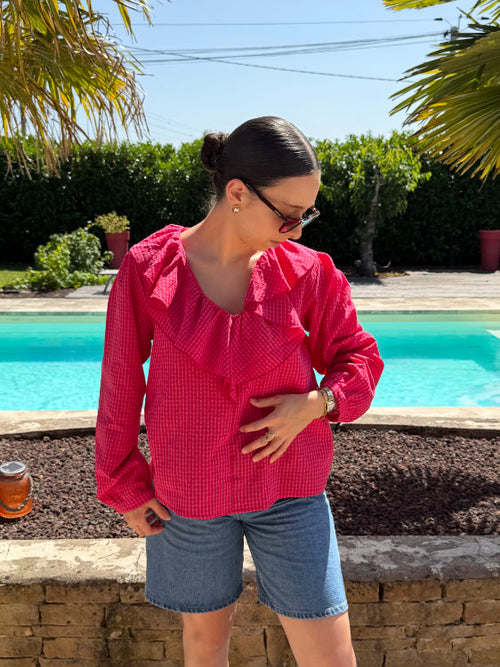 Blouse manches longues à carreaux vichy et col à volant