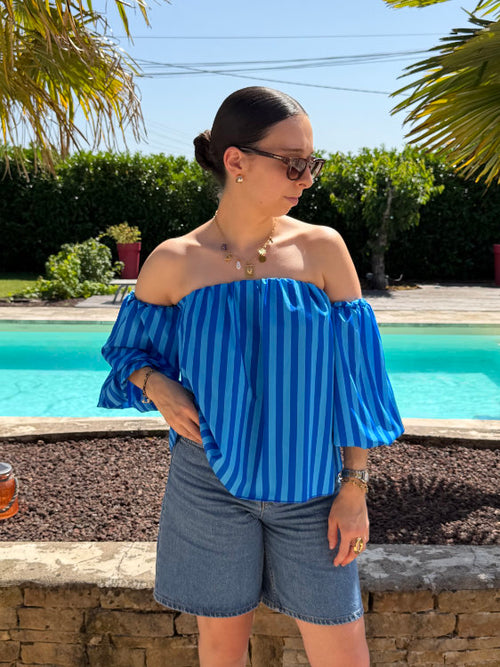 Striped short puff-sleeve blouse