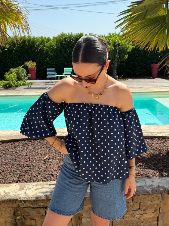 Blouse manches bouffantes à pois blancs
