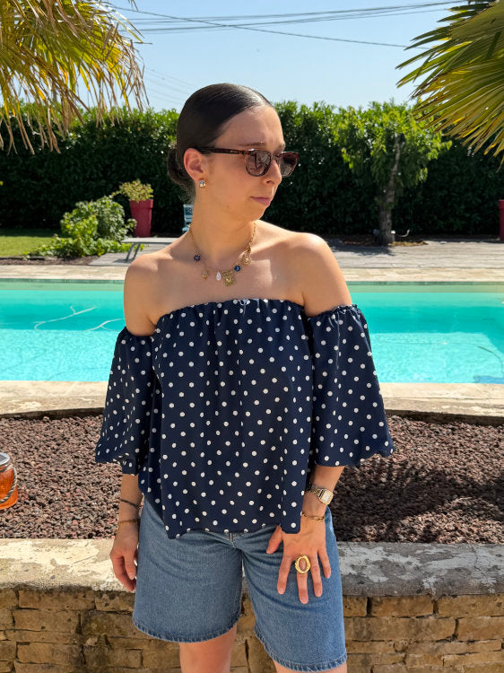 Blouse manches bouffantes à pois blancs