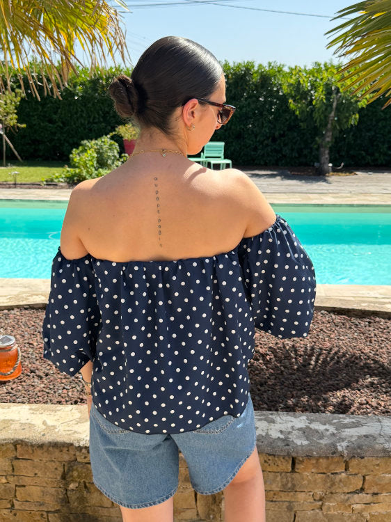 Blouse manches bouffantes à pois blancs