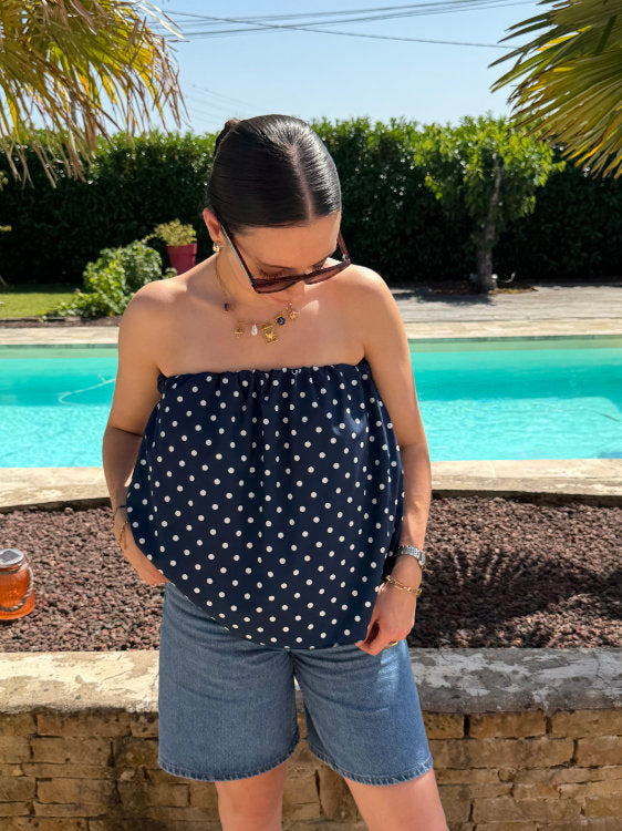 Blouse manches bouffantes à pois blancs