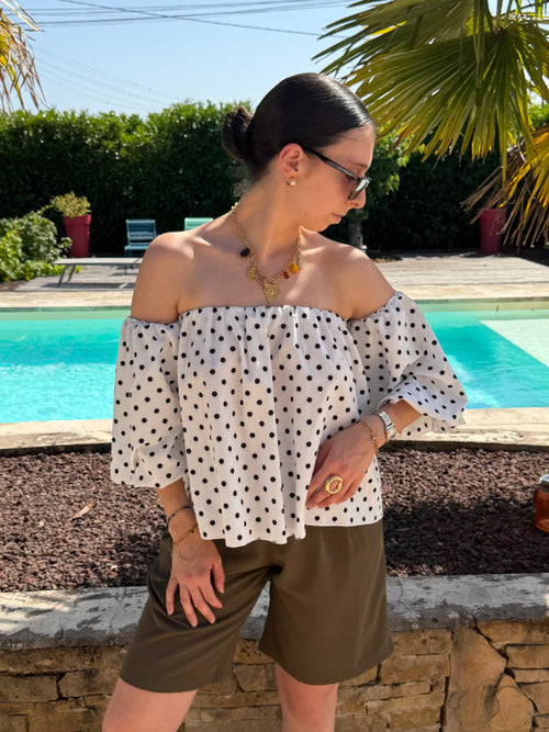 Polka dot short puff sleeve blouse