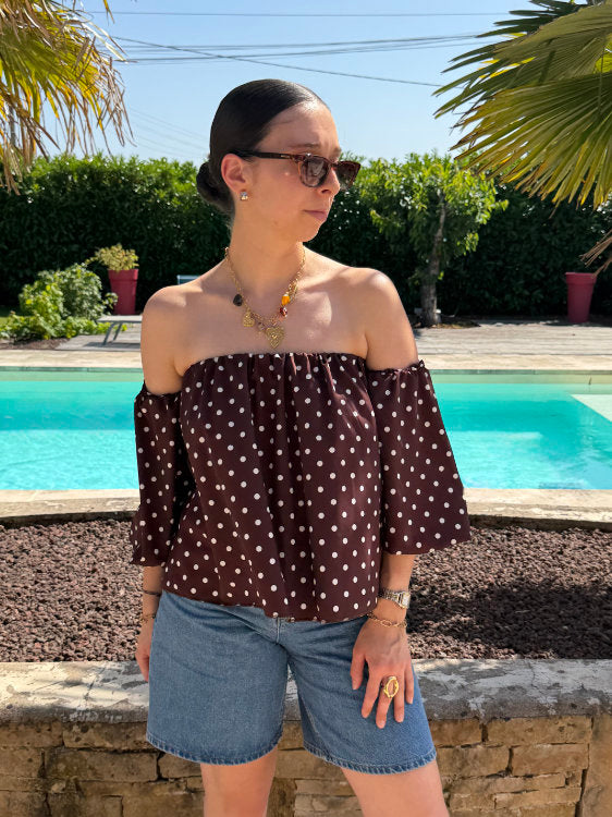 Blouse manches bouffantes à pois blancs
