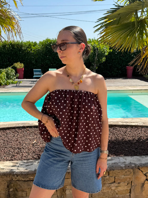 Blouse manches bouffantes à pois blancs
