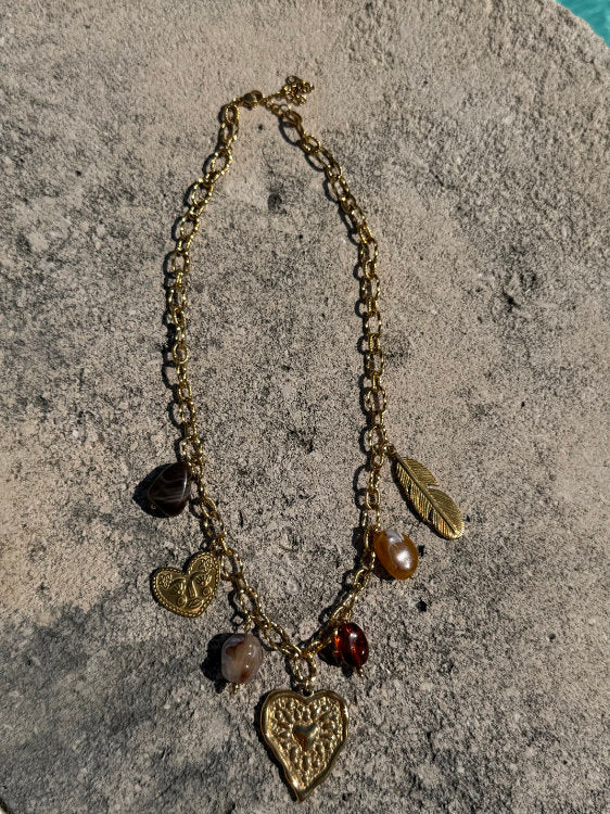 Collier à charms marron en acier inoxydable