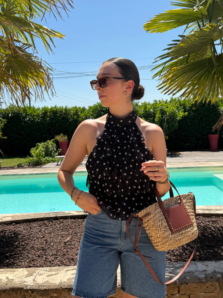 White polka dot backless sleeveless top with knot
