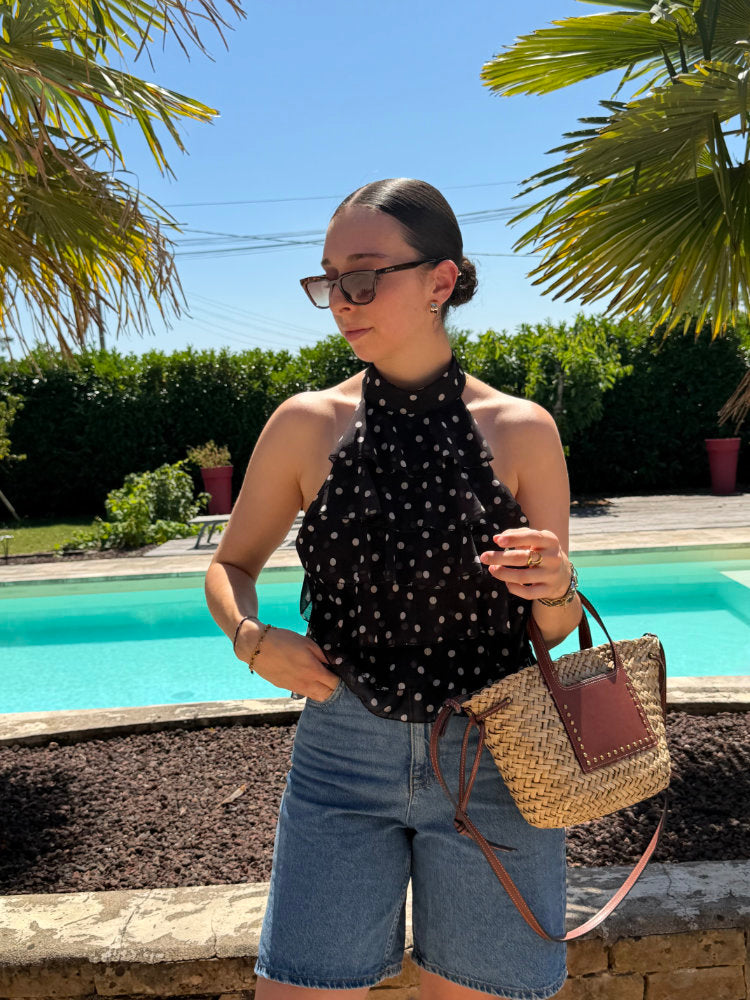 White polka dot backless sleeveless top with knot