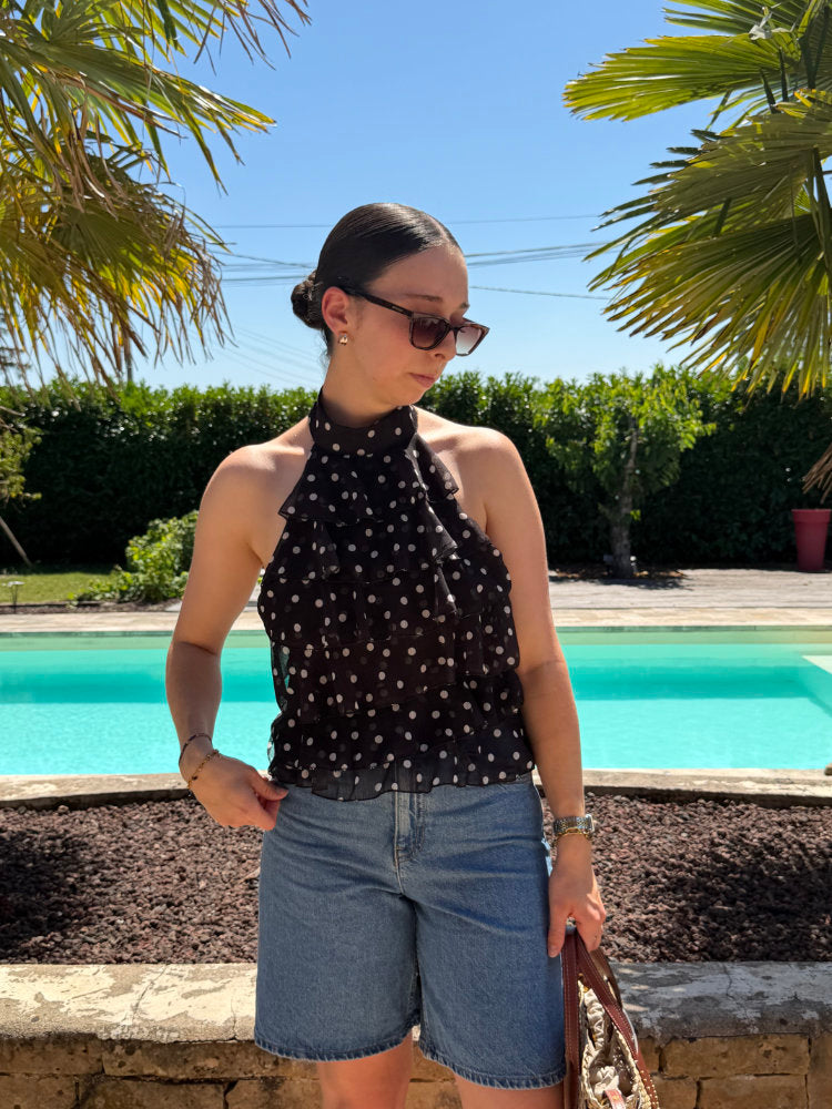 White polka dot backless sleeveless top with knot