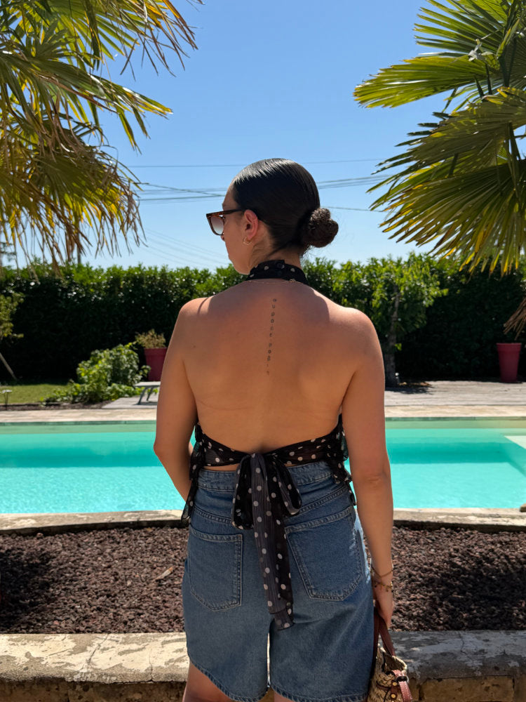 White polka dot backless sleeveless top with knot