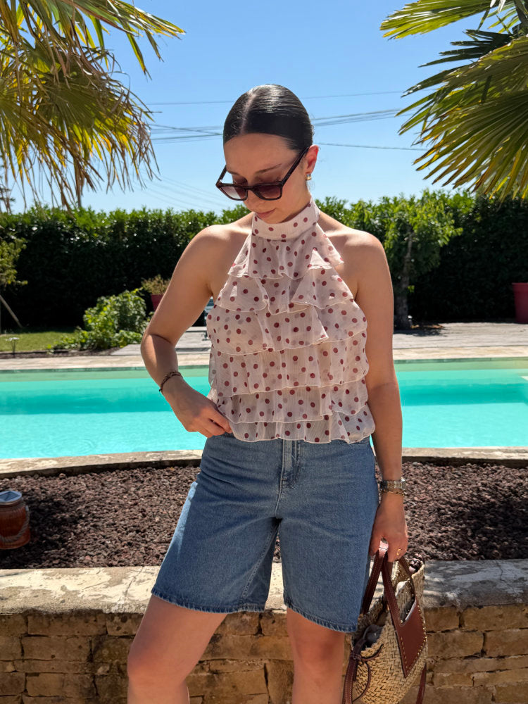Blouse sans manches à pois bordeaux dos nu avec nœud