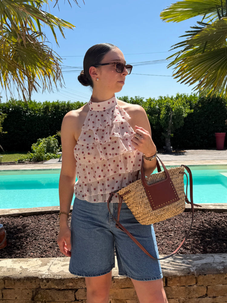 Blouse sans manches à pois bordeaux dos nu avec nœud