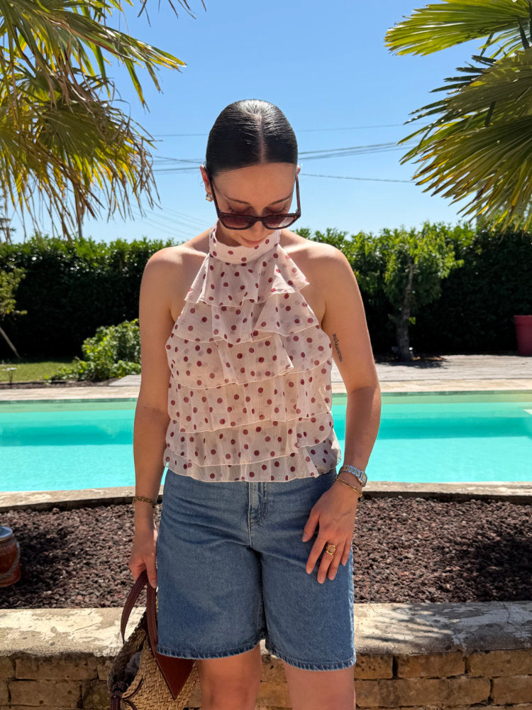 Blouse sans manches à pois bordeaux dos nu avec nœud