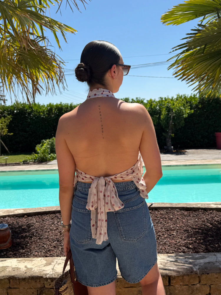 Blouse sans manches à pois bordeaux dos nu avec nœud