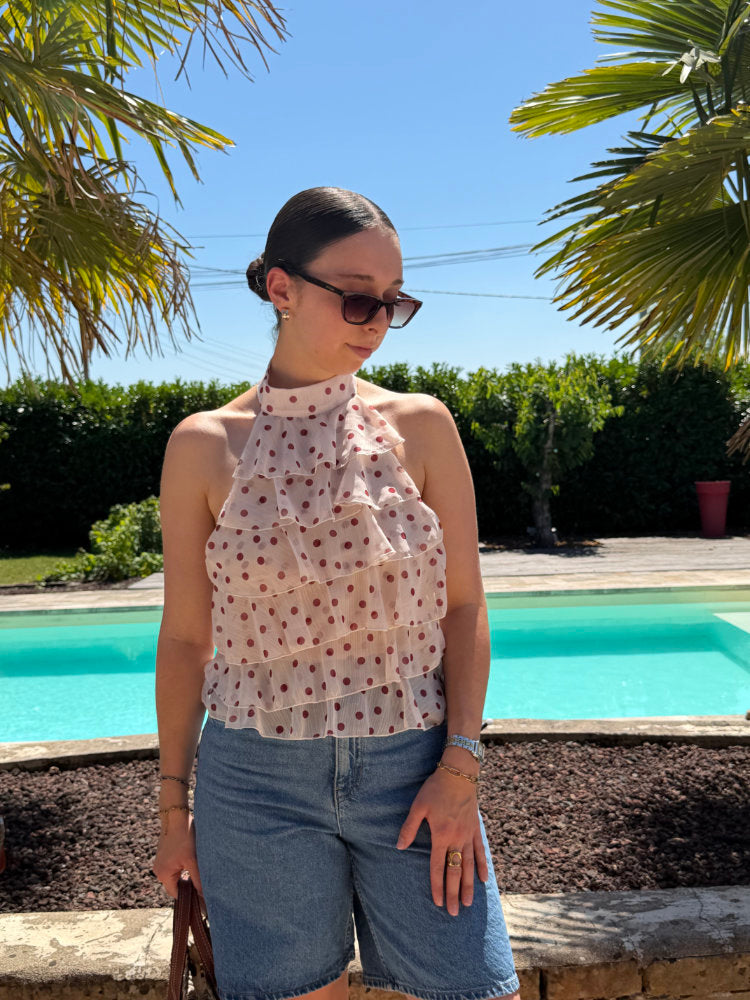 Blouse sans manches à pois bordeaux dos nu avec nœud