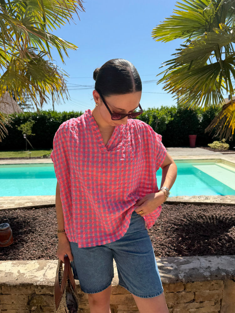 Blouse manches courtes imprimée carreaux vichy
