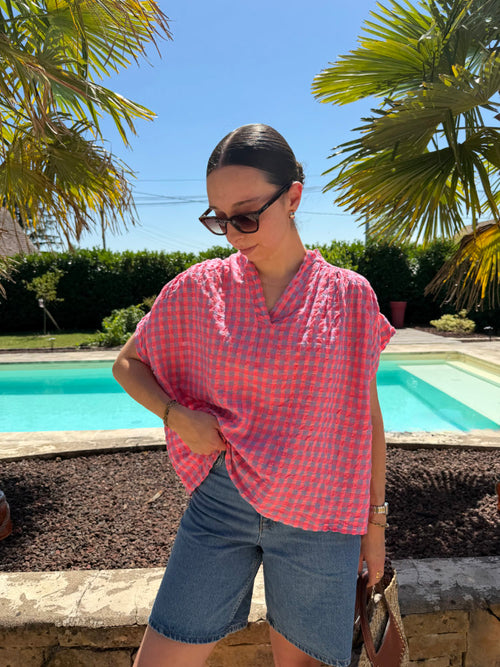 Blouse manches courtes imprimée carreaux vichy