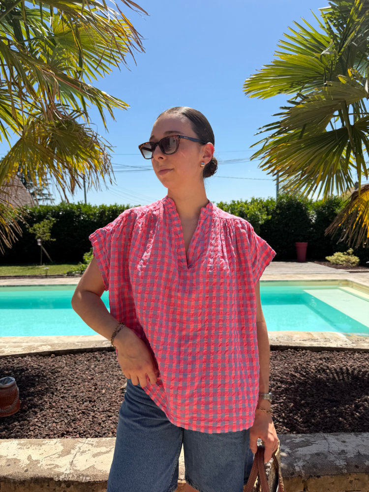 Blouse manches courtes imprimée carreaux vichy