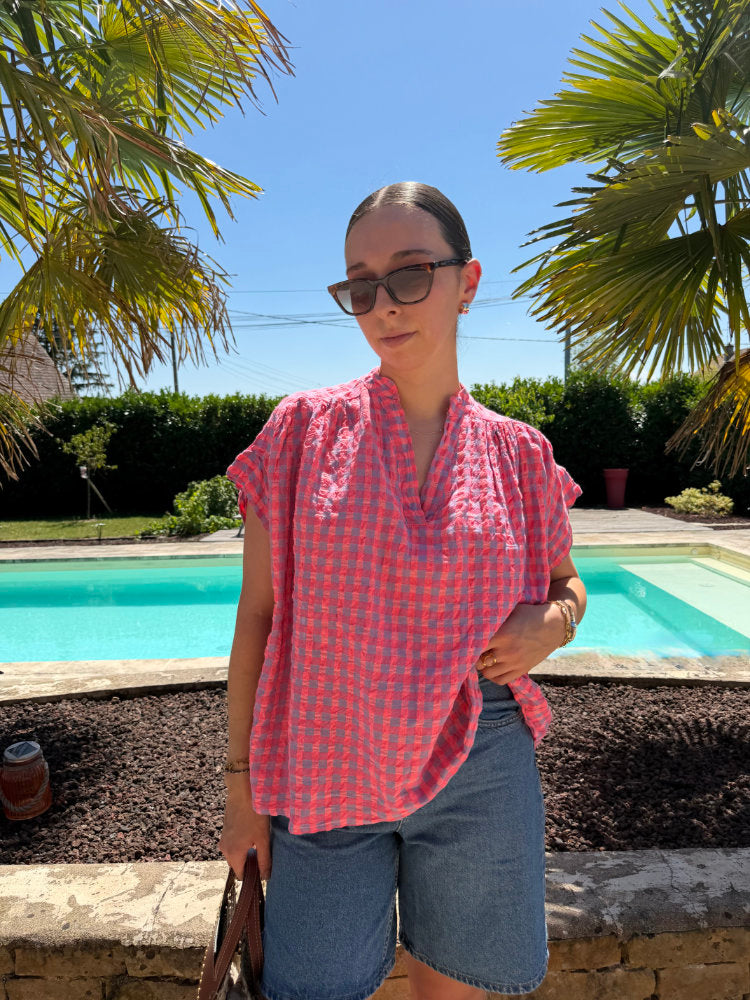 Blouse manches courtes imprimée carreaux vichy