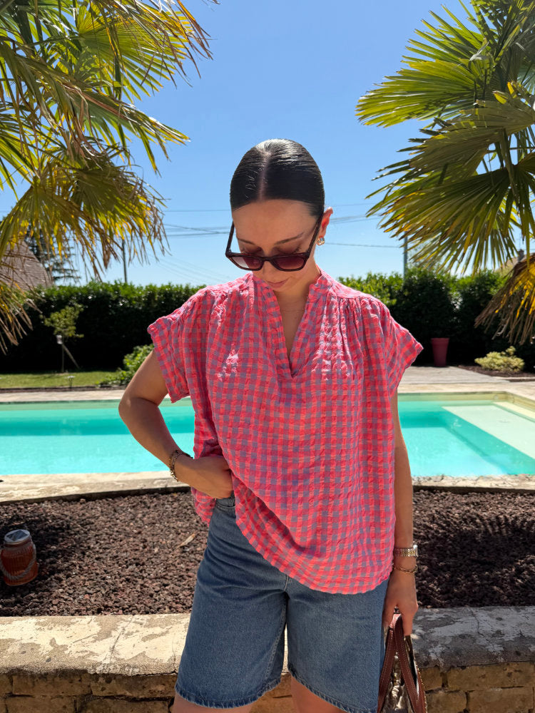 Blouse manches courtes imprimée carreaux vichy