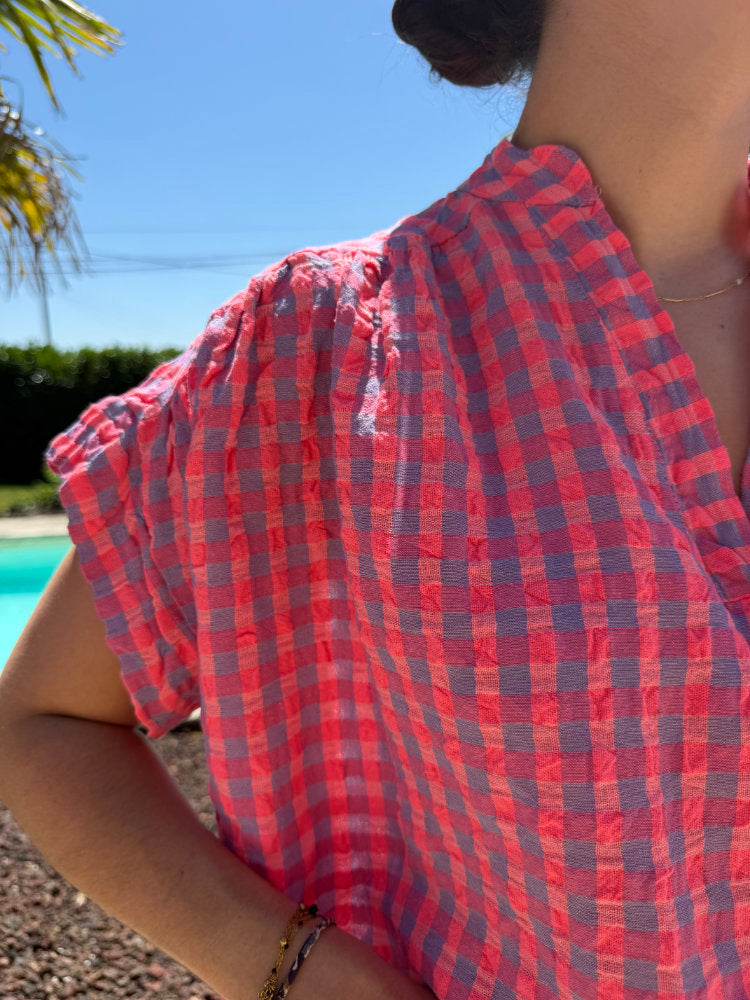 Blouse manches courtes imprimée carreaux vichy