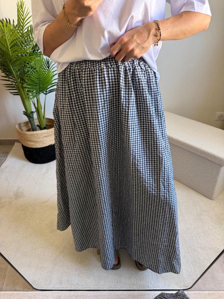 Jupe longue imprimée carreaux vichy blancs
