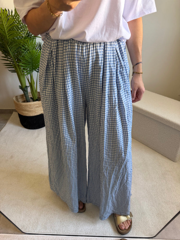 Pantalon large imprimée carreaux vichy blancs