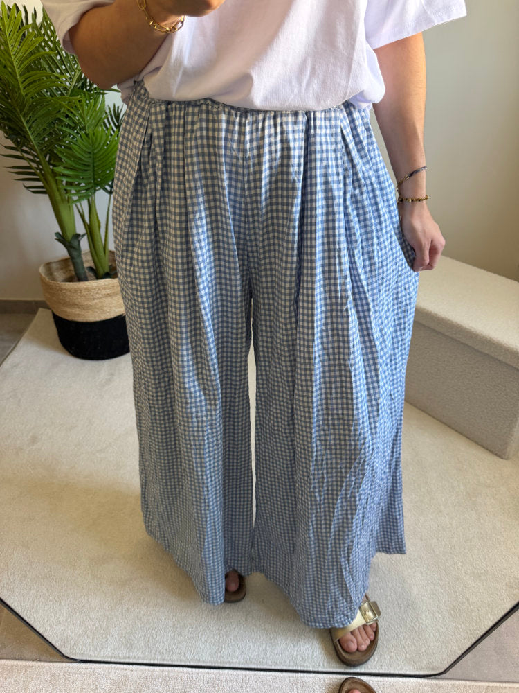 Pantalon large imprimée carreaux vichy blancs
