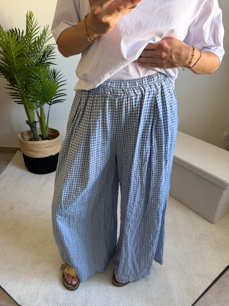 Pantalon large imprimée carreaux vichy blancs