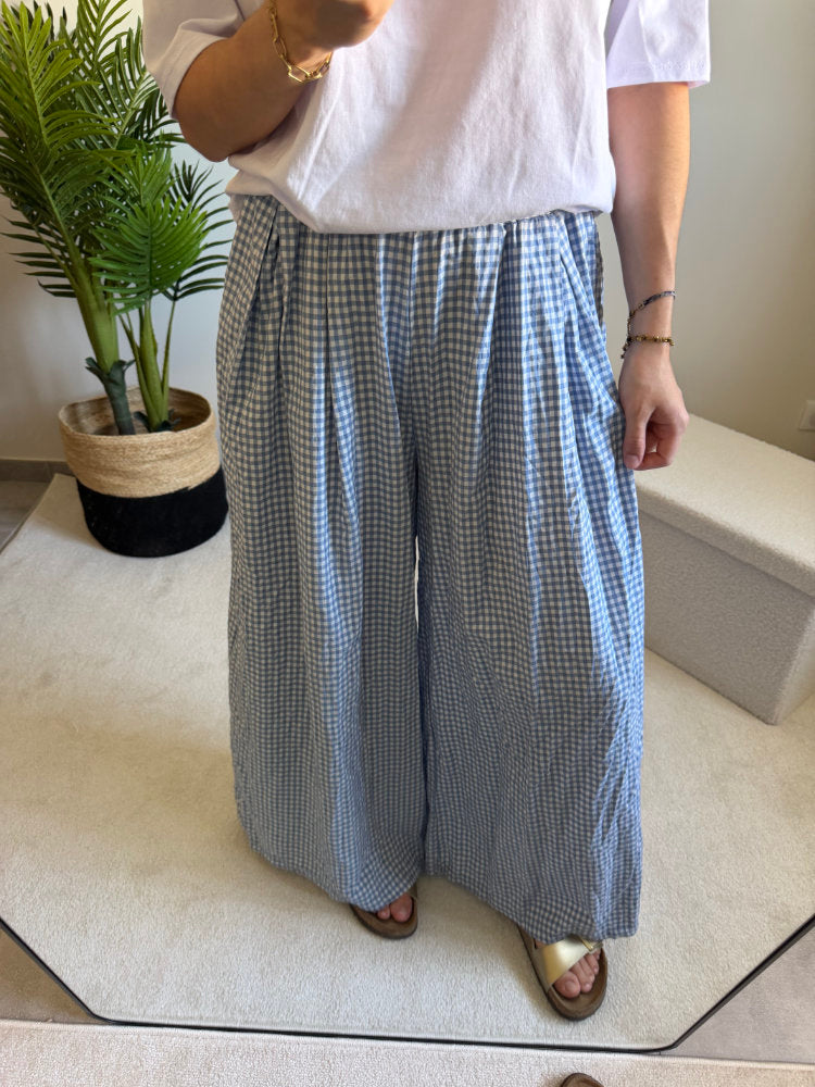 Pantalon large imprimée carreaux vichy blancs