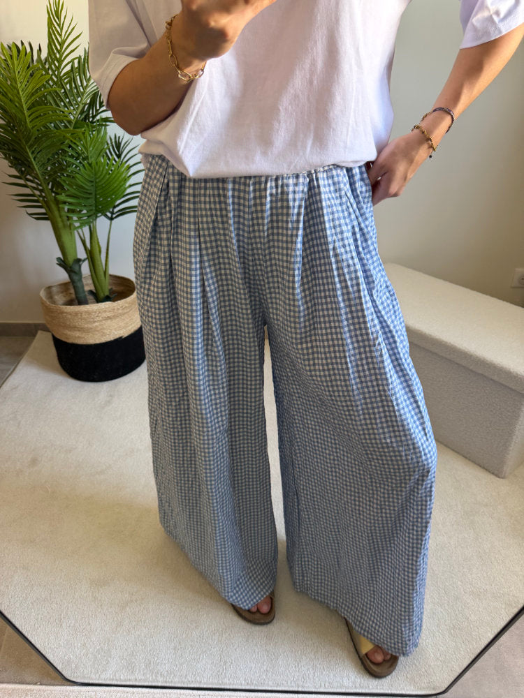 Pantalon large imprimée carreaux vichy blancs