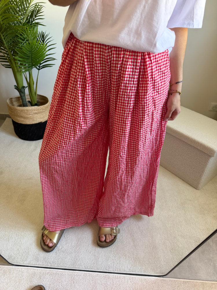 Pantalon large imprimée carreaux vichy blancs