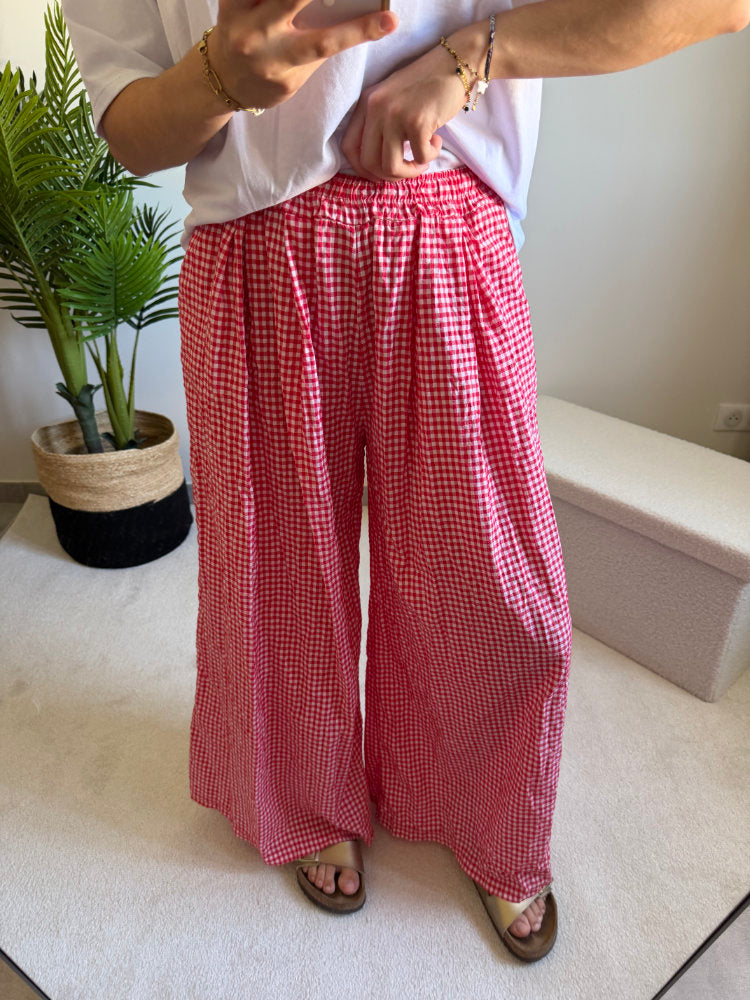 Pantalon large imprimée carreaux vichy blancs