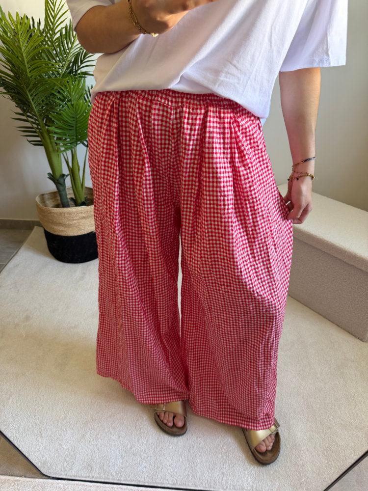 Pantalon large imprimée carreaux vichy blancs