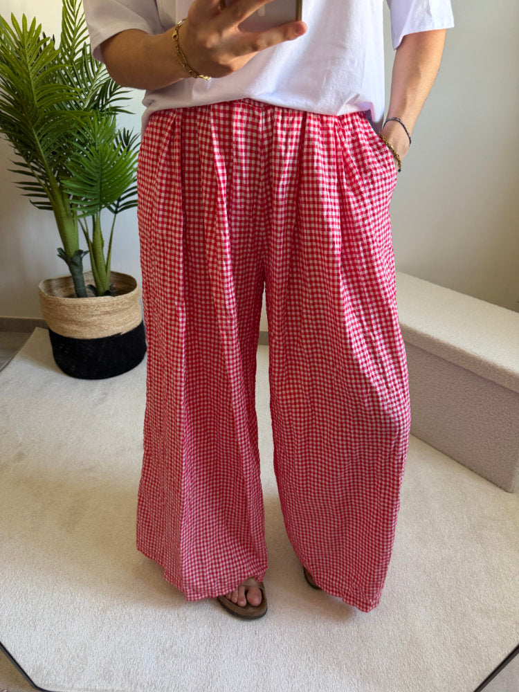 Pantalon large imprimée carreaux vichy blancs
