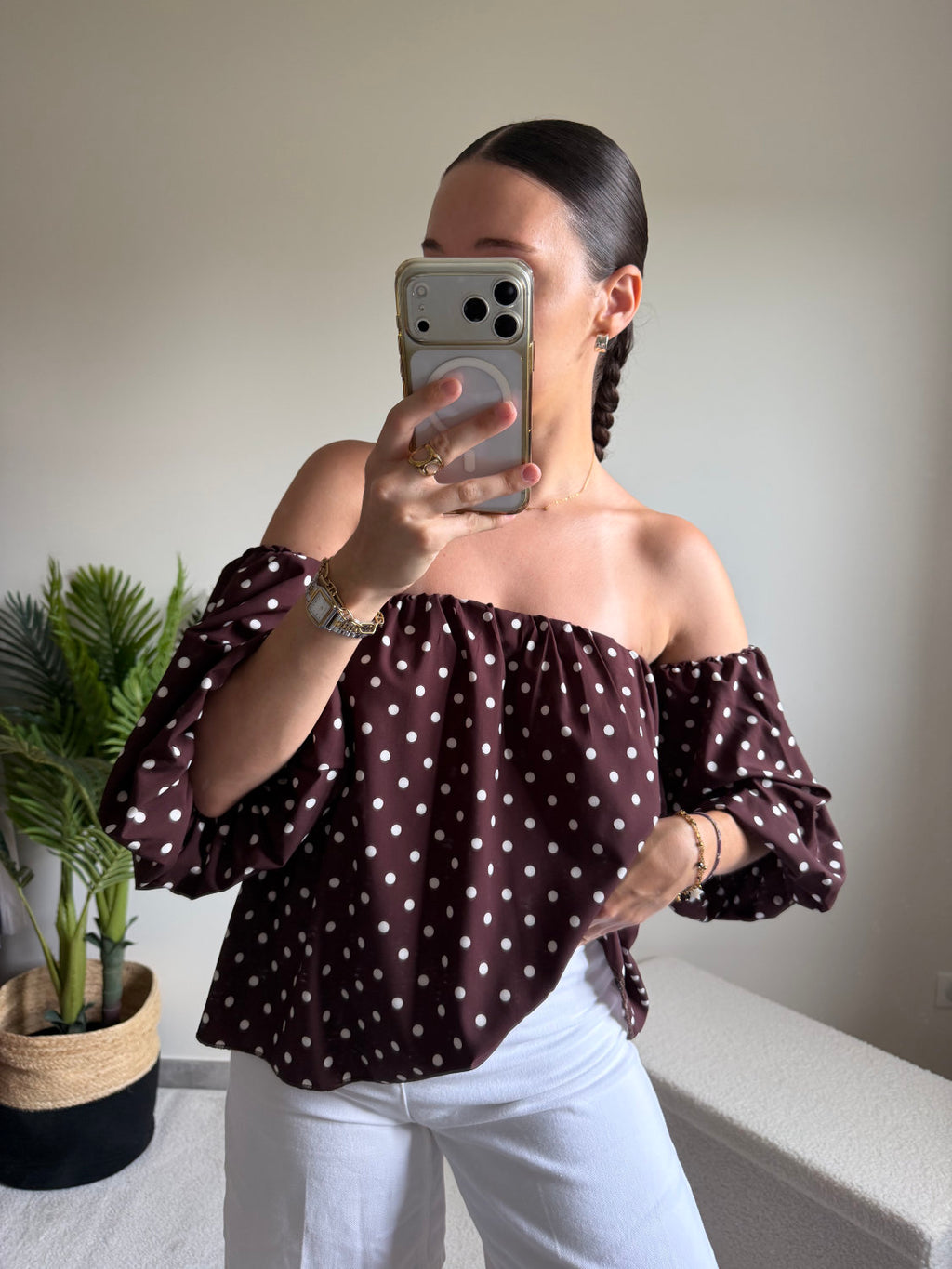 Blouse manches bouffantes à pois blancs