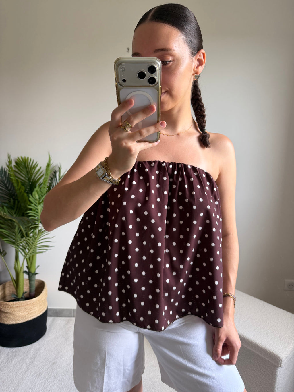 Blouse manches bouffantes à pois blancs
