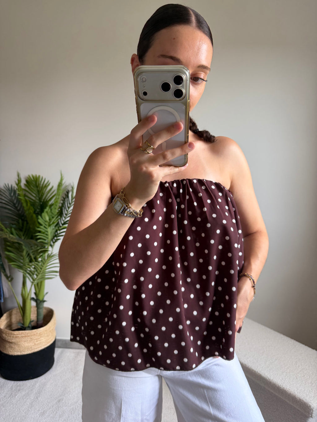 Blouse manches bouffantes à pois blancs