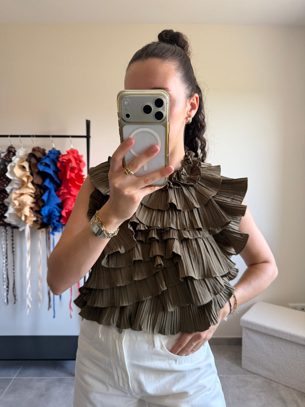 Blouse sans manches effet ruché dos nu