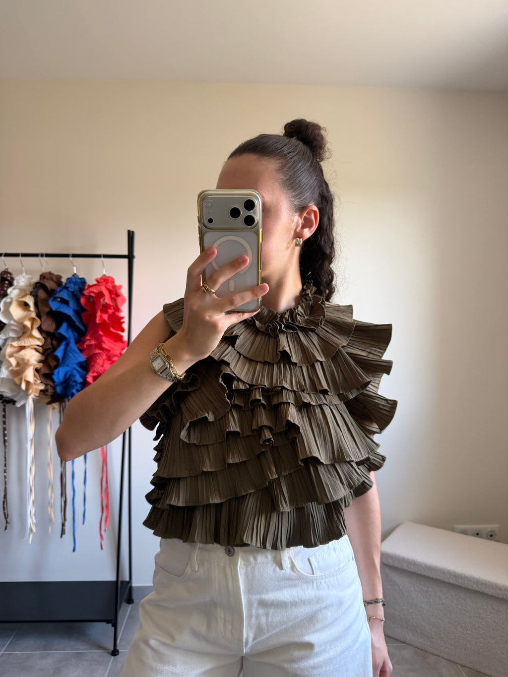Blouse sans manches effet ruché dos nu