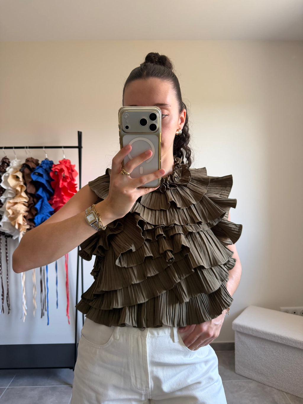 Blouse sans manches effet ruché dos nu