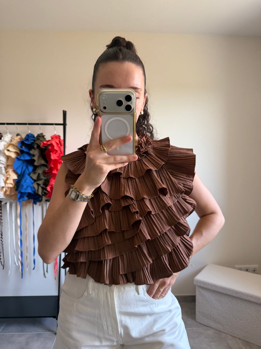 Blouse sans manches effet ruché dos nu