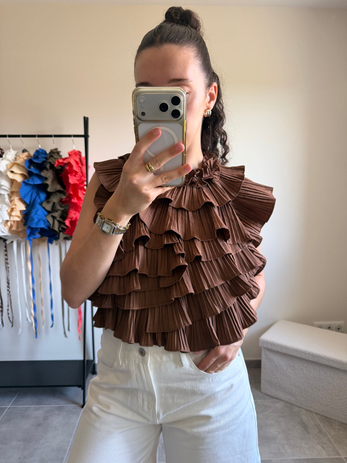 Blouse sans manches effet ruché dos nu