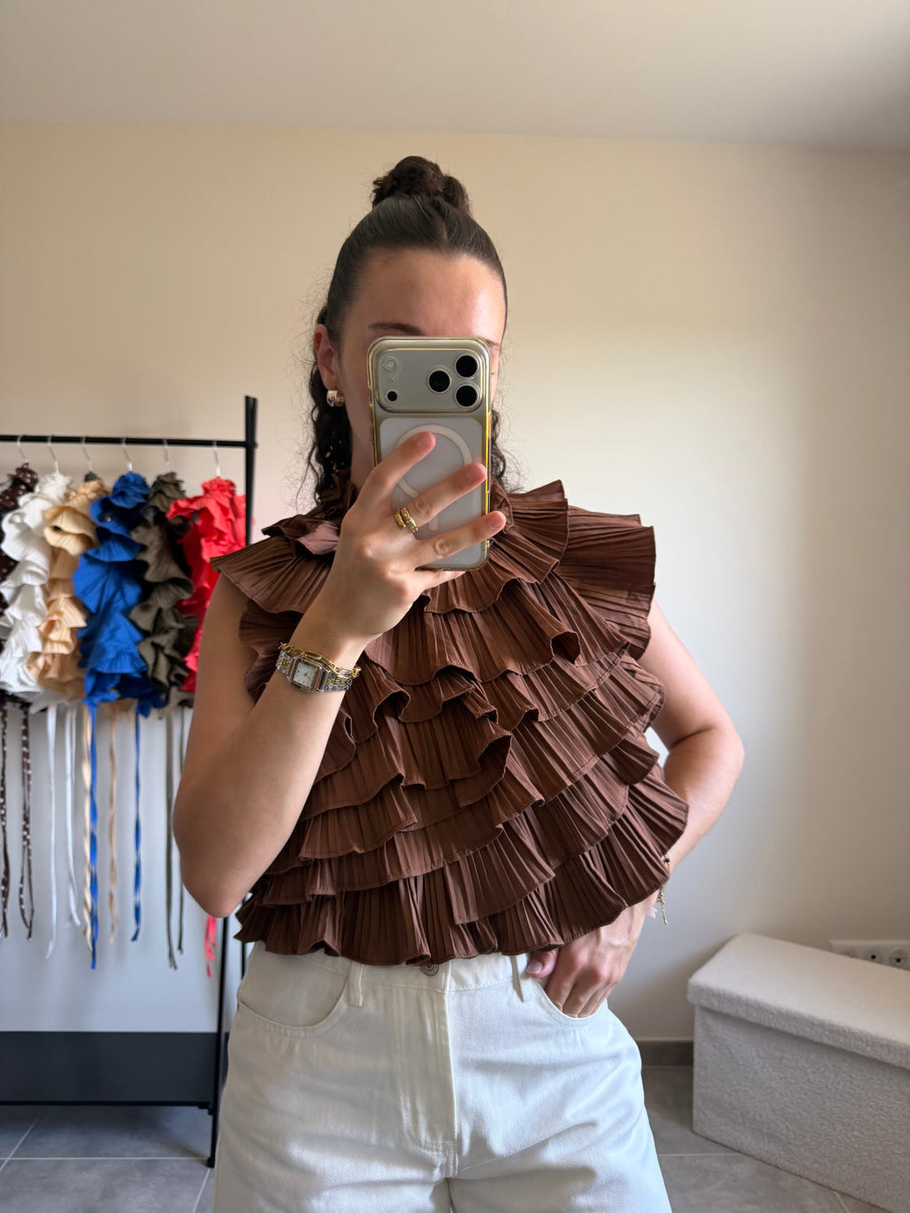 Blouse sans manches effet ruché dos nu