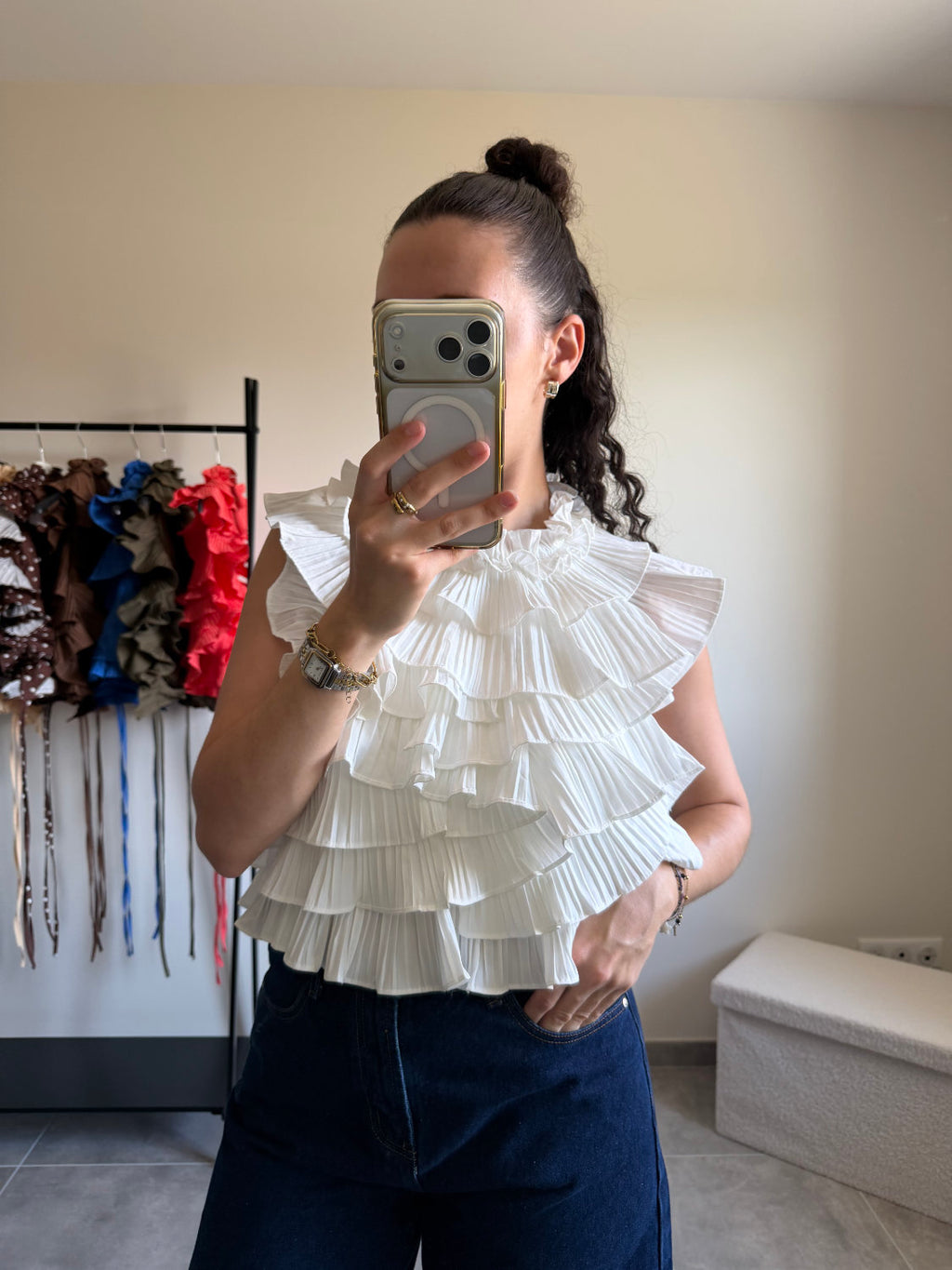 Blouse sans manches effet ruché dos nu