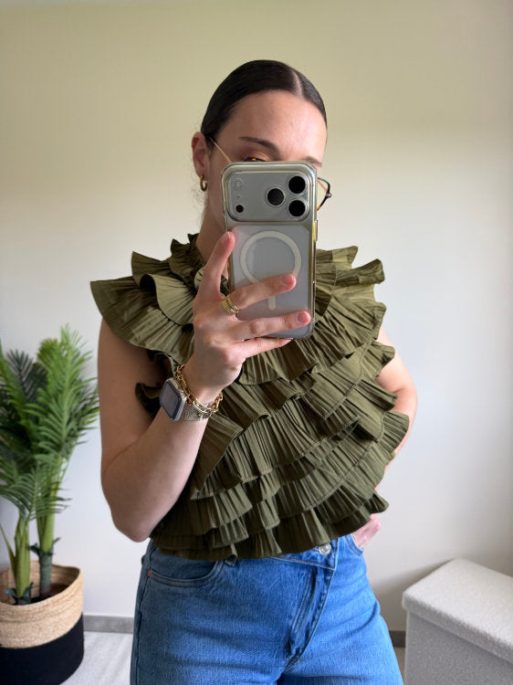 Blouse sans manches effet ruché dos nu