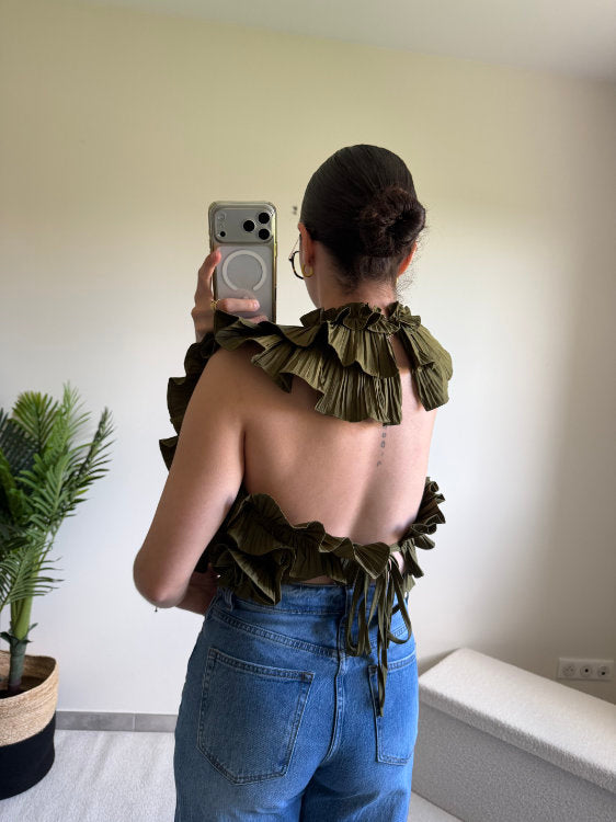 Blouse sans manches effet ruché dos nu