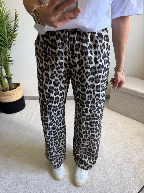 Pantalon large imprimé léopard en gaze de coton